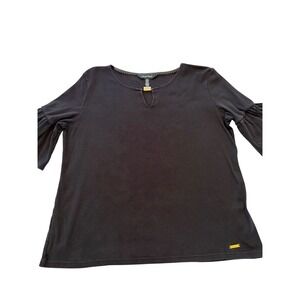 Ellen Tracy Black Cotton Keyhole Neck Ruffle Bell Sleeve Top XL Gold Hardware